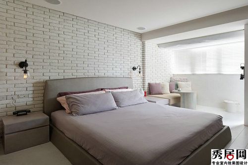 卧室白色文化砖砌床头背景墙装修效果图