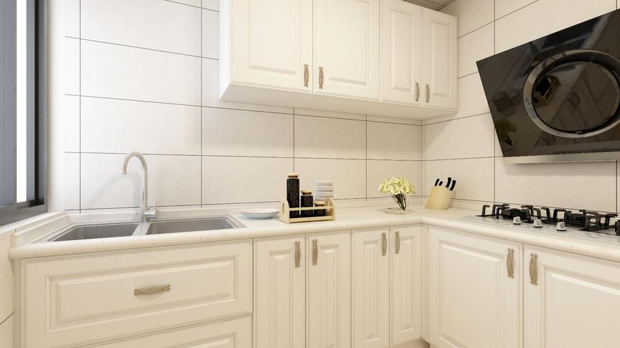 厨房光线较暗采用亮色墙砖搭配白色橱柜花纹大理石台面提亮整个空间