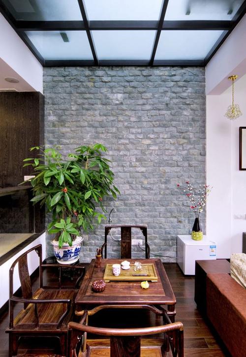 时尚新中式三居170平别墅客厅沙发茶几植物装修效果图
