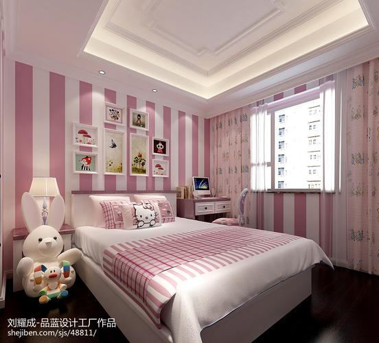 粉色系儿童房床头墙面装修效果图