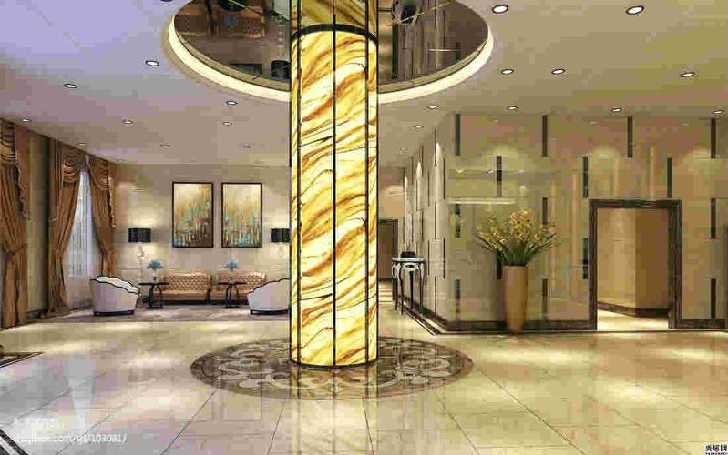 豪华酒店饭店进门大厅镶贴金色大理石纹理瓷砖柱子装修效果图