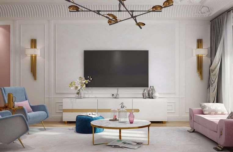 电视背景墙线条简洁清爽搭配白色石膏线很大气.