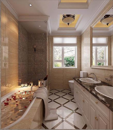 卫生间采用黄色仿石材设计凸显欧式尊贵感地面是斜菱拼花.