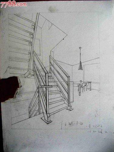 铅笔素描画2幅室内楼梯