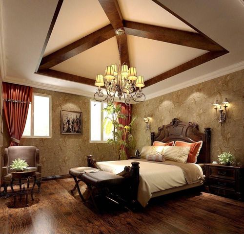 旭辉十九城邦的美式舒适设计卧室实木吊顶装修效果图