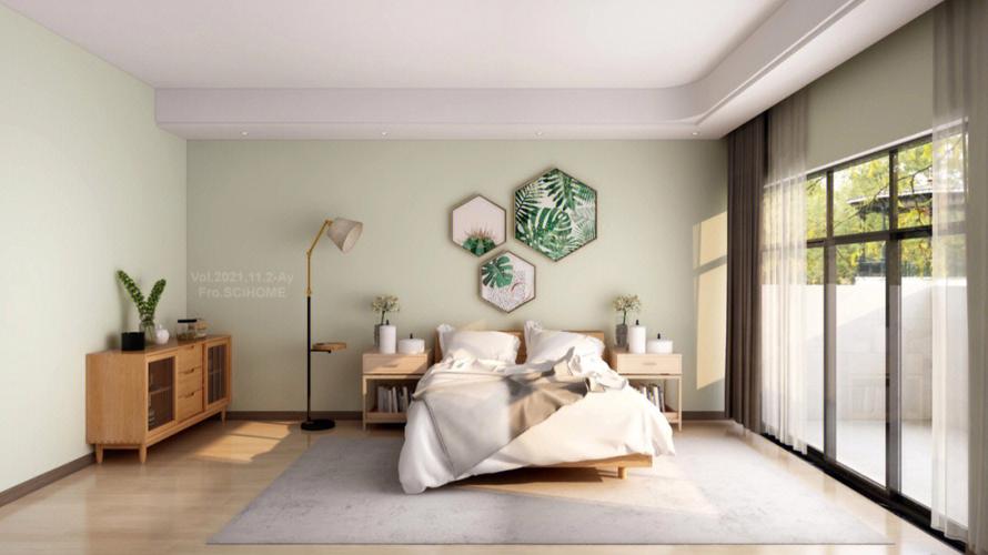 浅绿色墙布搭配原木地板营造清新简约舒适的氛围酷家乐效果图