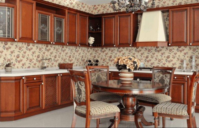 欧式风格整体厨房装修效果图棕色实木橱柜图片