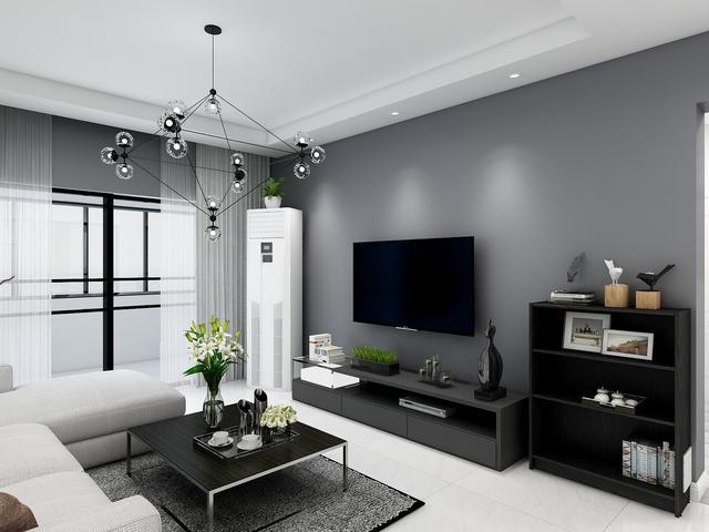 电视背景墙采用深灰色一体墙漆白色地砖白色天花板与黑色家具形成了