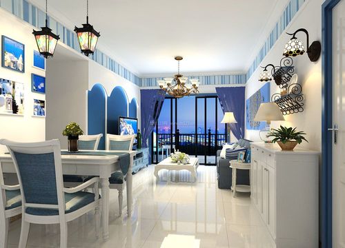 地中海风格小户型客厅蓝色窗帘装饰图装信通网效果图