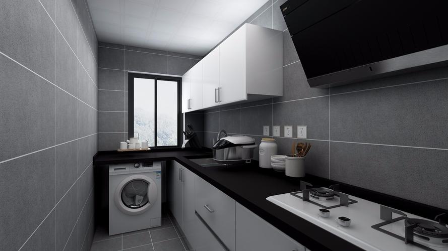 厨房深灰色地砖搭配浅灰色哑光墙砖黑色的石英石台面搭配白色定制