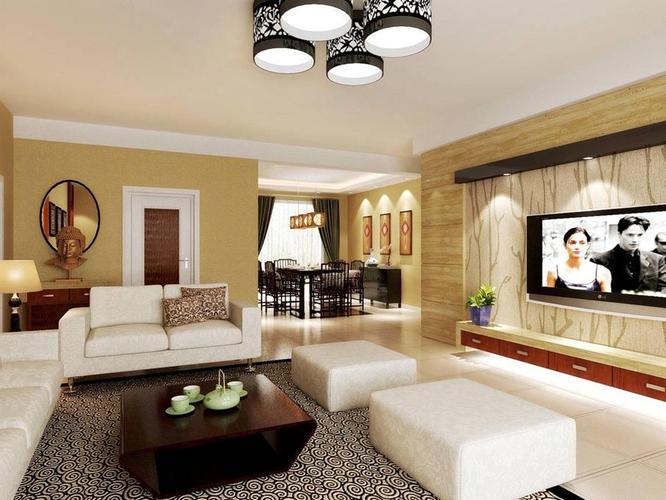 中式客厅背景墙沙发灯具案例展示效果图