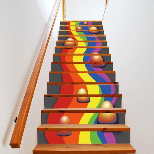 跨境aliexpress货源七色彩虹图案楼梯贴自粘墙贴楼梯装饰13片装