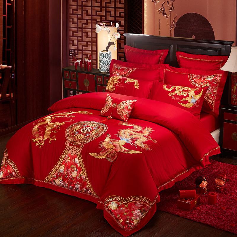 新婚房1.8米大红中式龙凤刺绣喜被婚庆床上套件结婚床上用品