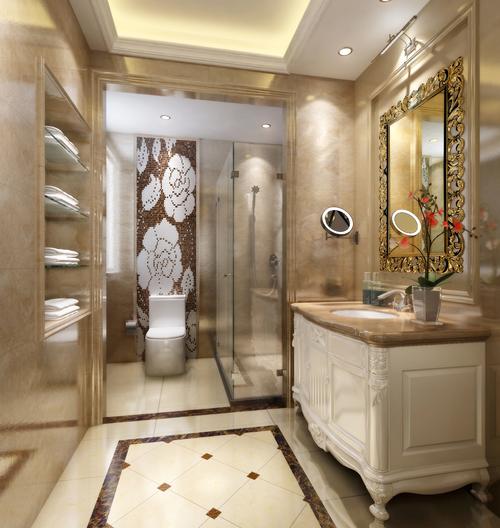 卫生间效果图采用仿石材纹理的瓷砖铺贴使整个空间奢华有档次.