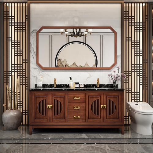 toto新中式浴室柜组合红橡木岩板卫浴柜实木洗手池洗漱台洗脸盆柜