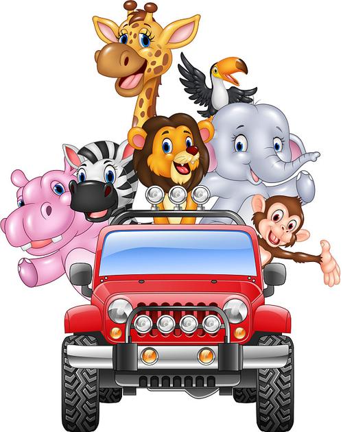 卡通快乐的动物与红色的汽车