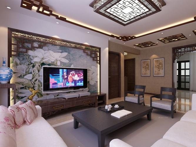 三居室中式风格客厅电视背景墙富海同盛新中式装修效果图