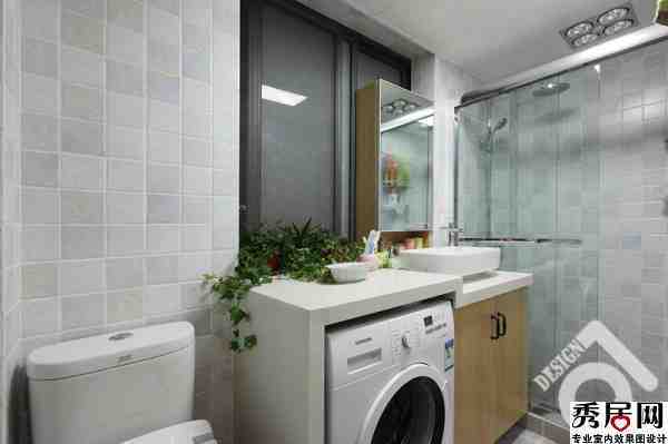卫生间洗手台延伸摆放洗衣机边峻卫生间的装修风附终色为白色道生间