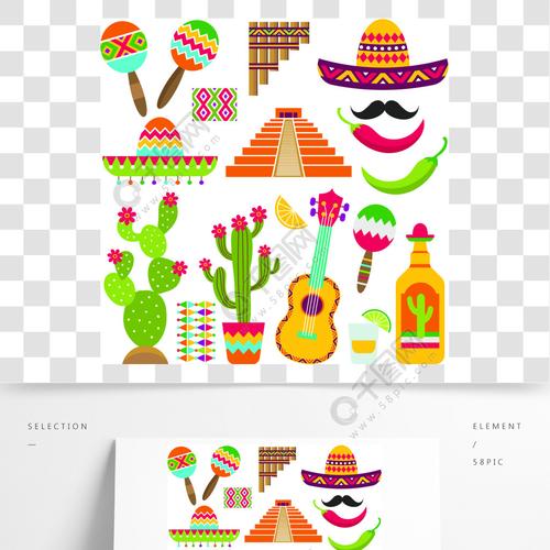 墨西哥元素各种设计项目的传统墨西哥符号集矢量仙人掌和金字塔胡椒和