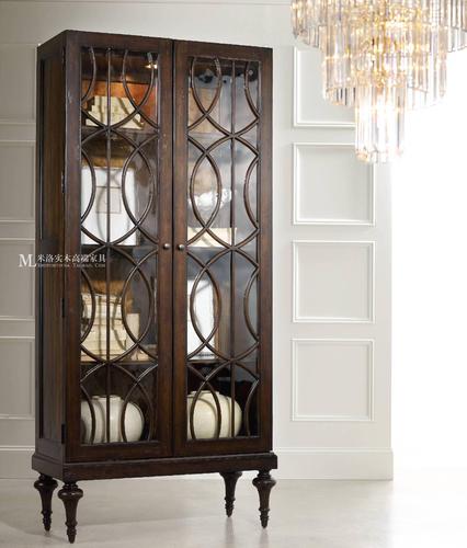 美式新古典实木酒柜碗碟柜两门书柜时尚雕刻法式复古玻璃个性酒柜