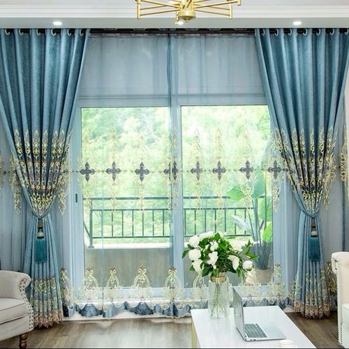 欧式新蓝色雪尼尔客厅窗帘金线包边绣花布奢华阳台落地窗成品定制