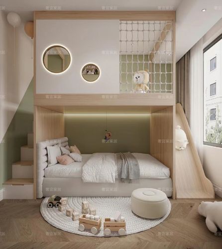 简约儿童房定制上下铺双层床全实木高低多功能滑梯树屋城堡床设计