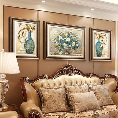 美式挂画客厅装饰画轻奢大气a欧式沙发背景墙壁画花开富贵三联