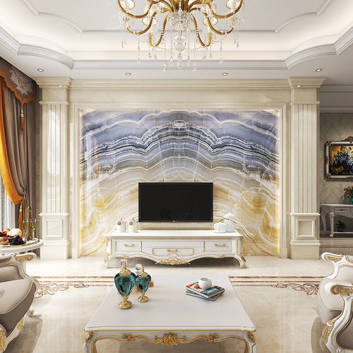 美式装修客厅电视沙发岩板背景墙别墅欧式罗马柱天然大理石效果图