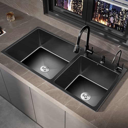 不锈钢黑双槽水槽厨房手工加厚台下盆洗菜盆洗碗池洗手池套装304