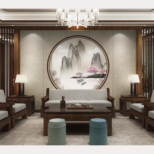 新中式客厅沙发背景墙壁纸水墨古典影视墙18d圆形山水电视墙壁布