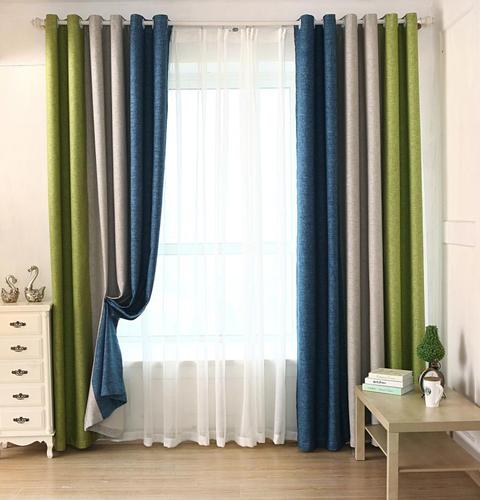 三色拼接中式窗帘加厚隔热全遮光纯色麻料客厅卧室