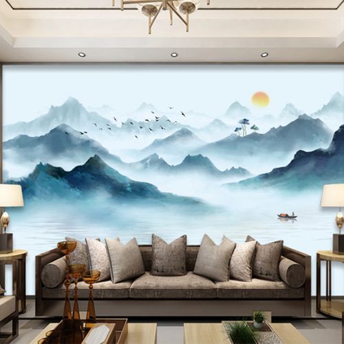 新中式水墨山水画电视背景墙壁纸客厅卧室沙发无缝壁画影视墙装饰
