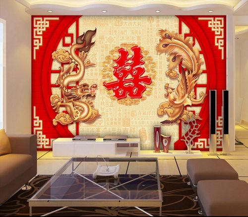 传统中式婚礼红色喜庆礼拜堂背景墙壁画婚庆喜字定制壁画