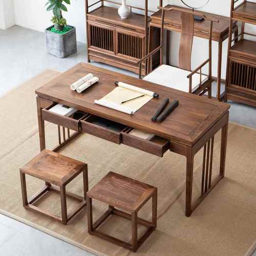 新中式实木书房书桌办公桌黑胡桃木书法桌画案写字台简约家具组合