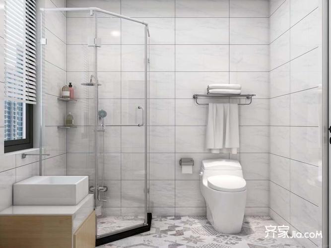 卫生间整体色调为白色提升整个空间的亮度白色墙砖搭配花色地砖