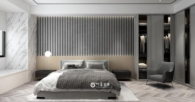 卧室床头背景墙通过木饰面线条满足业主对质感的需求.