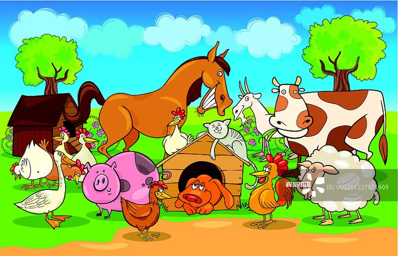 农场动物的卡通乡村场景