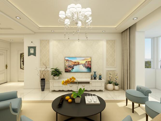 130平大户型现代欧式风格客厅石膏线电视墙装修效果图