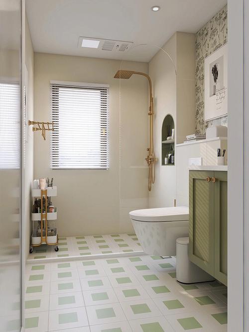 卫生间整体采用白色和绿色作为主色调在灯光的烘托下整体效果奶油