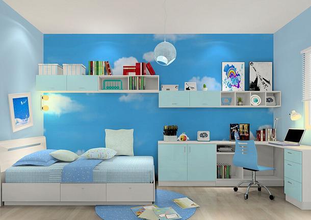 现代简约风格儿童房背景蓝色装修效果图现代简约风格儿童床图片