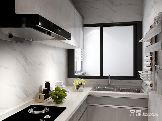 厨房大面积用干净的爵士白图案瓷砖.搭配同色系橱柜整体干净整洁.