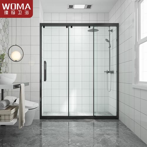 瑝玛304不锈钢一字形淋浴房三联动移门卫生间隔断玻璃门洗澡间