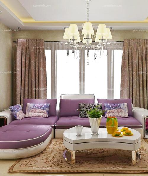 紫色窗帘90茶几单身公寓沙发浪漫现代风格客厅设计效果图大全