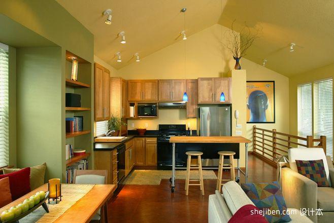 2013美式风格l型开放式20平米家居实木橱柜厨房客厅小吧台装修效果图