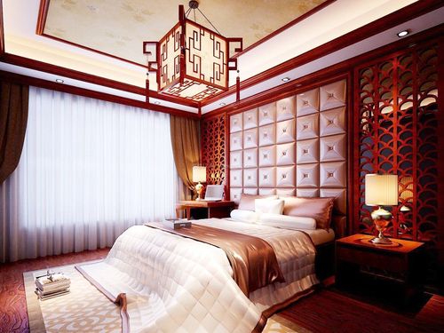 中式家居卧室床头软包背景墙效果图装修1