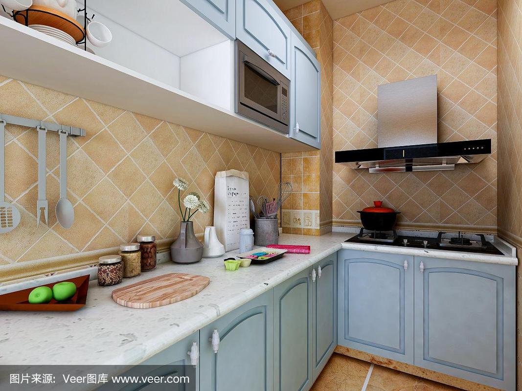 3d渲染地中海风格的厨房设计全新的橱柜和带有冰箱的厨具阳光透过