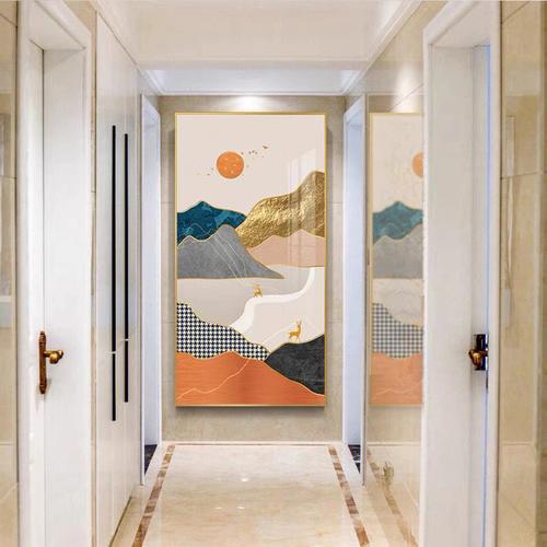 现代轻奢入户玄关装饰画客厅背景墙橙色走廊