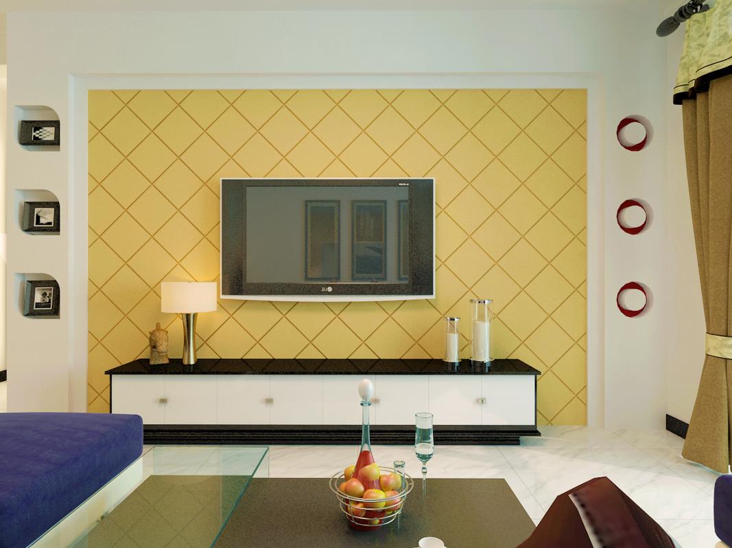 客厅电视背景墙内部做成菱形的石膏板拉缝刷上黄漆两边做上简单的