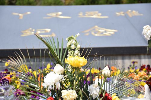 华漕学校一1班太阳花小队的小队员们在三丫叉遇难同胞纪念碑前举行