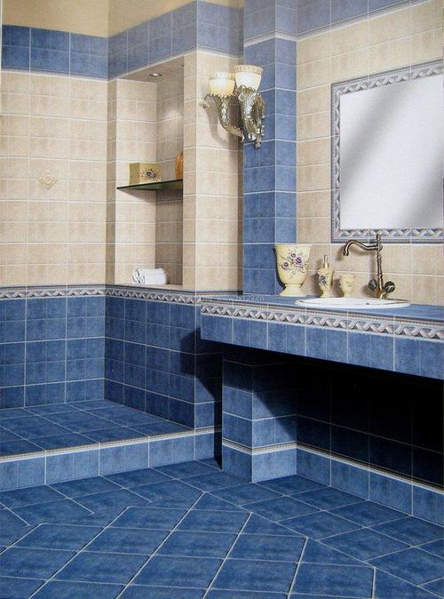 别墅卫生间蓝色地面蓝色瓷砖装修效果图片卫生间地砖